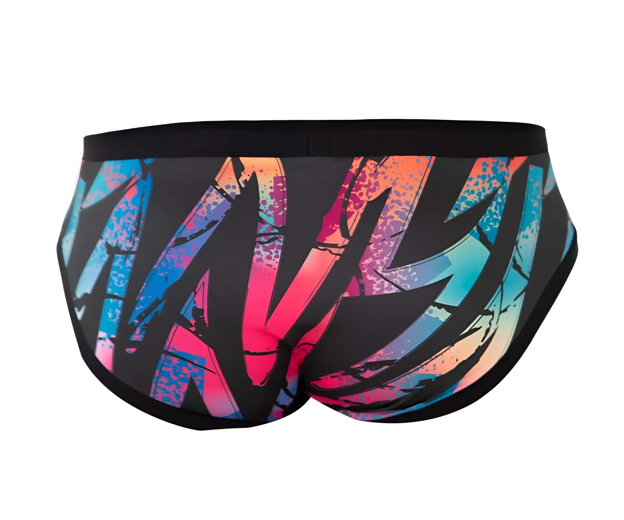 Pikante pik 0989x jartum briefs swim trunks with vibrant graffiti print in black with pink blue and orange streaks