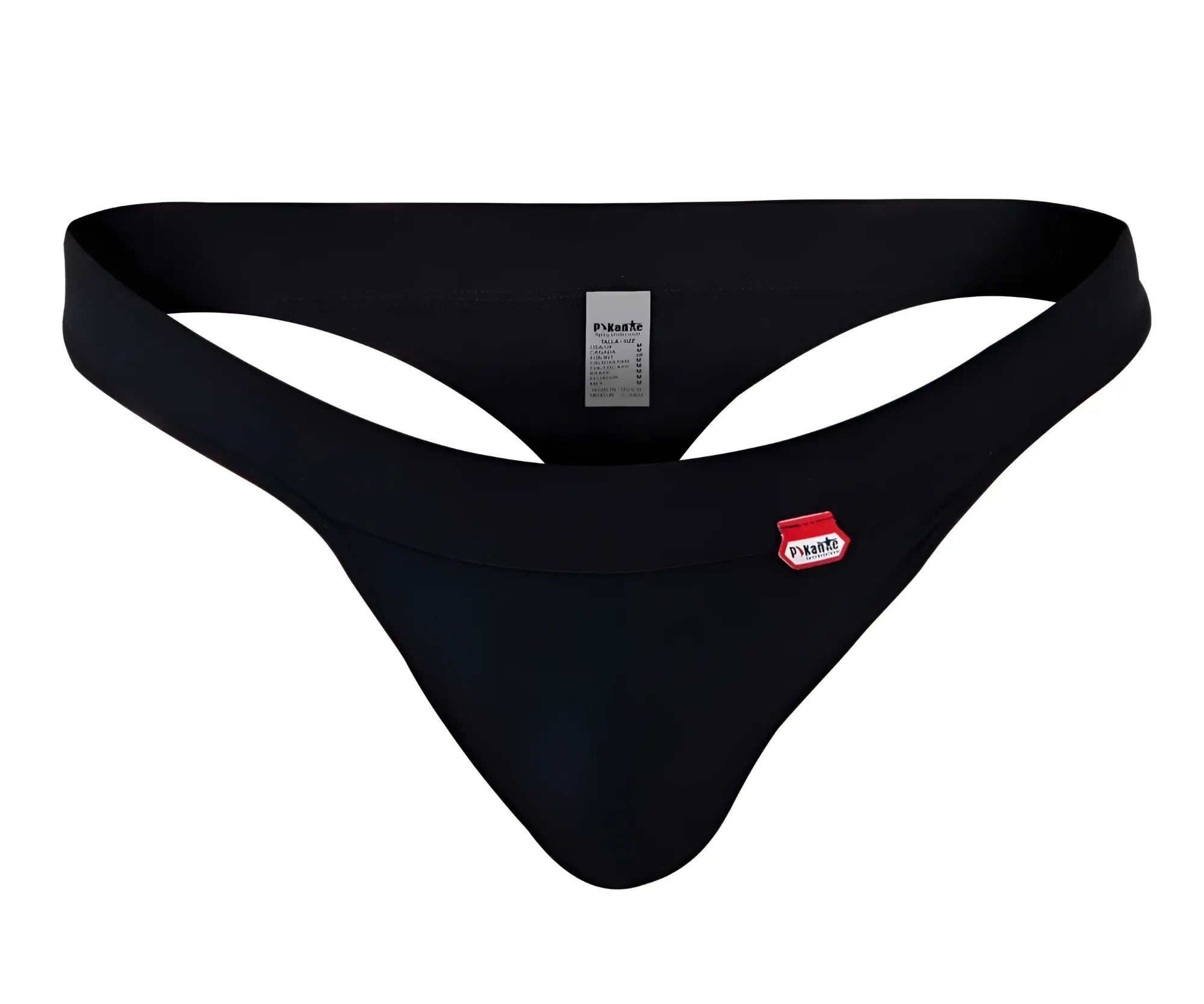 Black men’s thong with red and white pikante logo patch on front in pikante piks 1024x terni thong black