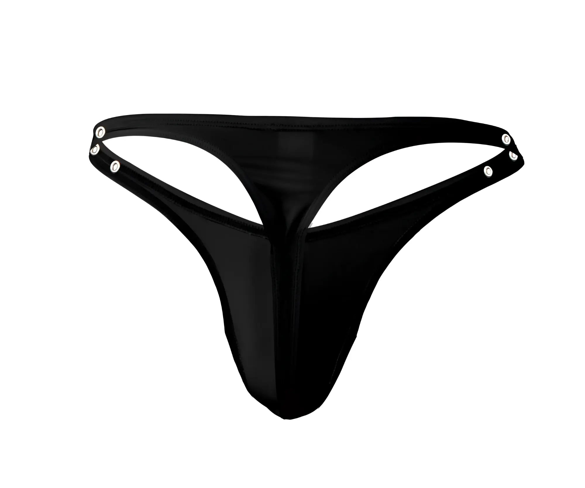 Black glossy fabric thong with silver snap buttons on the sides from Pikante PIK 1025X Perusa Thongs collection