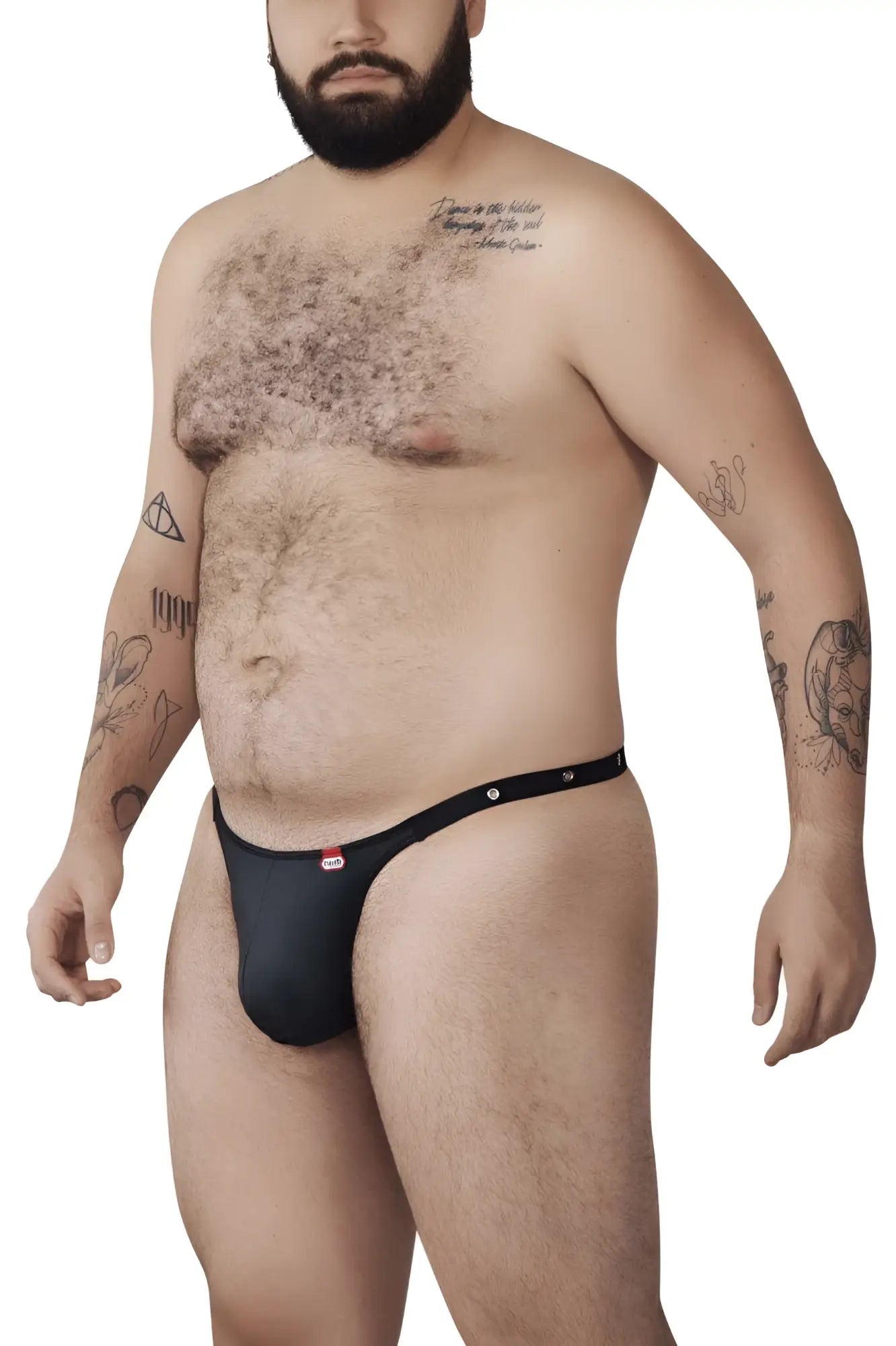 Pikante PIK 1025X Perusa black thong, front view on a model.