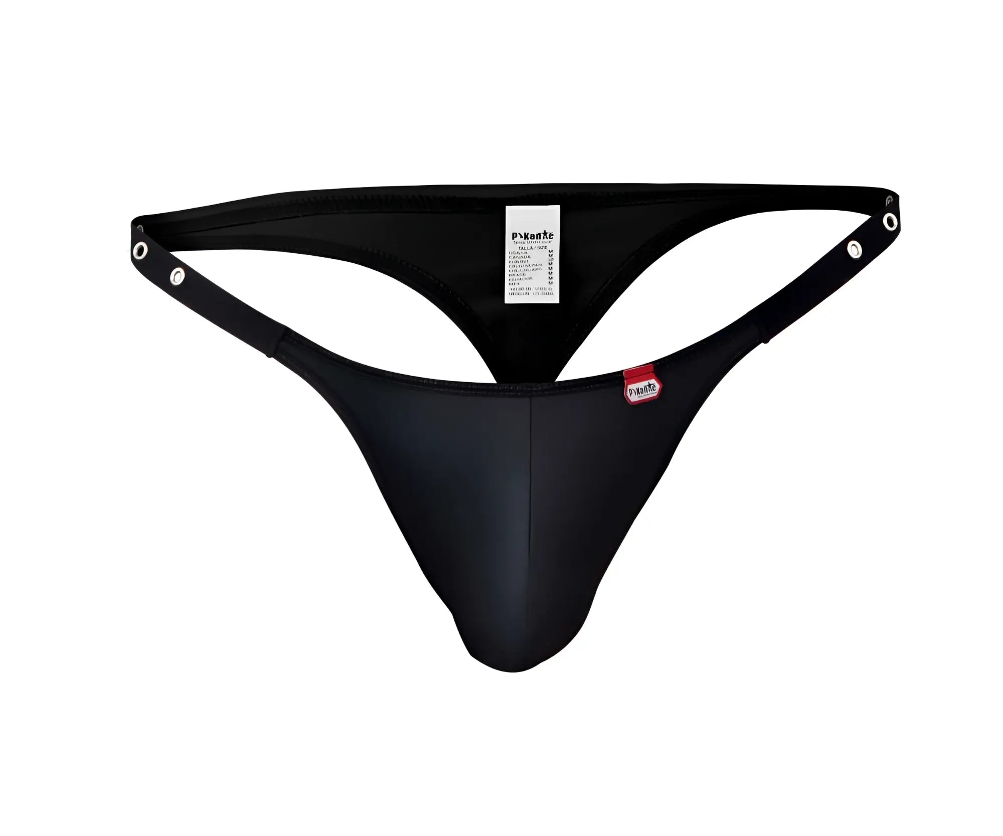 Pikante PIK 1025X Perusa black thong, front view showing eyelet details and branded tag.