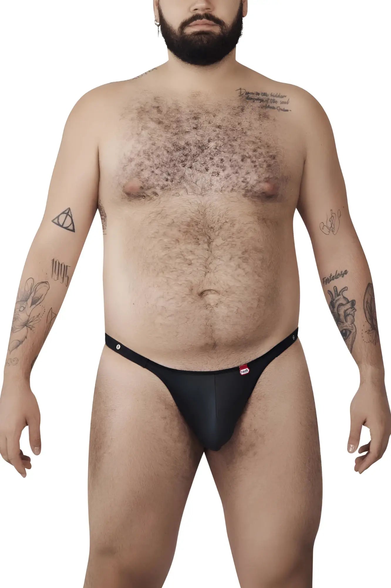 Pikante PIK 1025X Perusa thong in black, front view on a model.