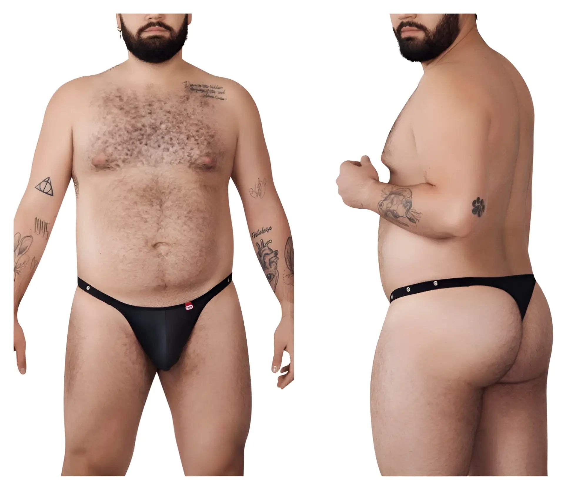 Front and side view of the Pikante PIK 1025X Perusa thong in black worn by a man.