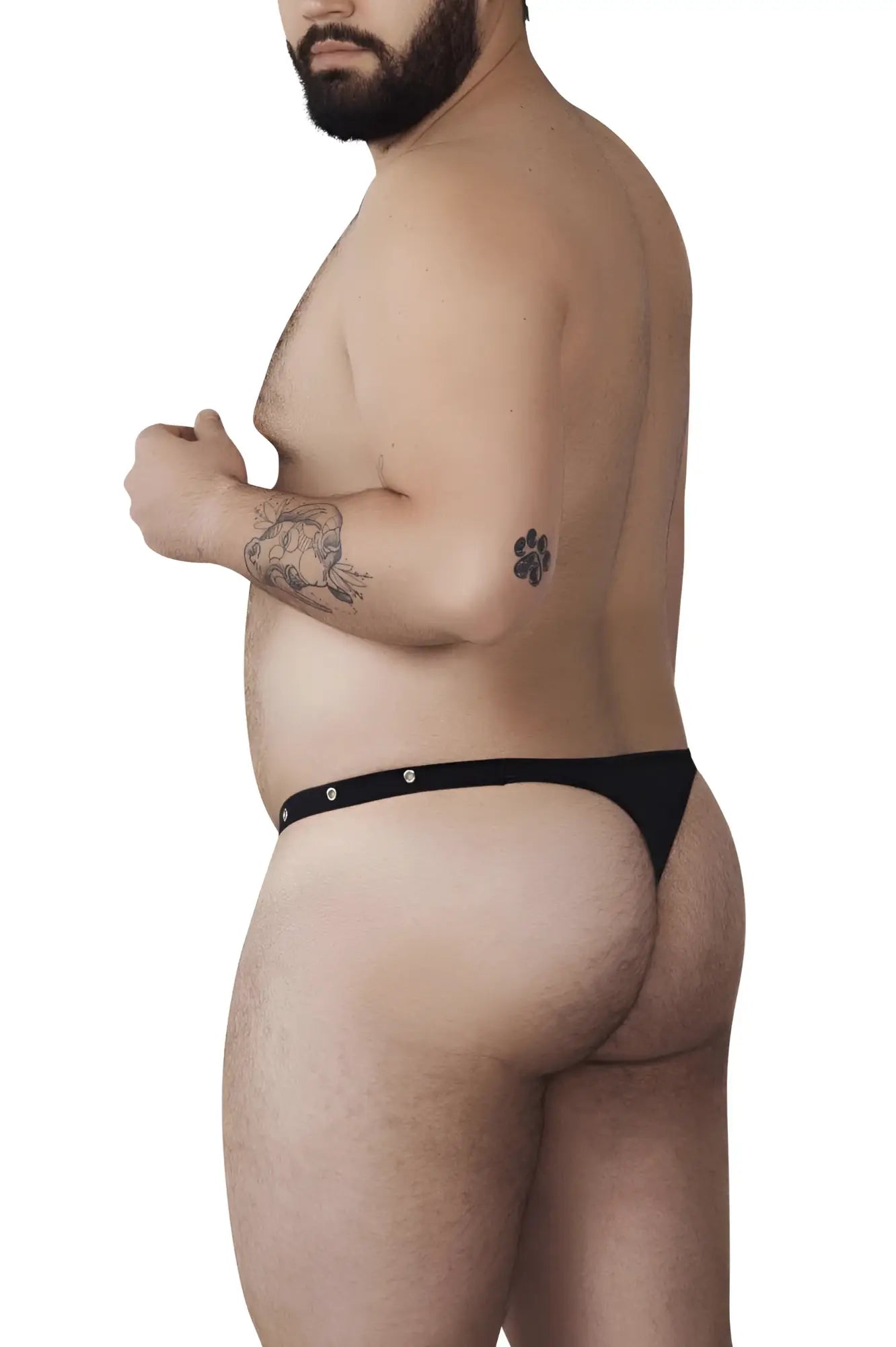Black Pikante PIK 1025X Perusa thong with silver snap buttons showing the back side design and details