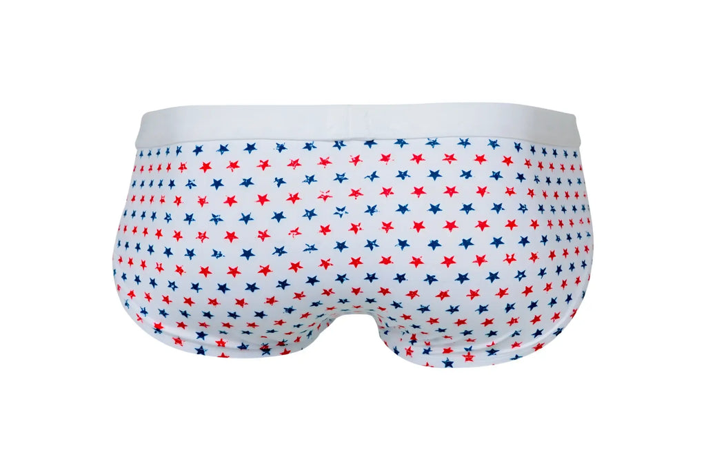 White pikante pik 1072 blaze briefs with a red and blue star pattern on white fabric for comfortable wear