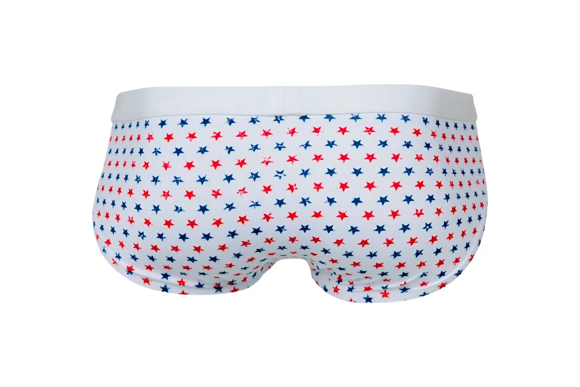 White pikante pik 1072 blaze briefs with a red and blue star pattern on white fabric for comfortable wear