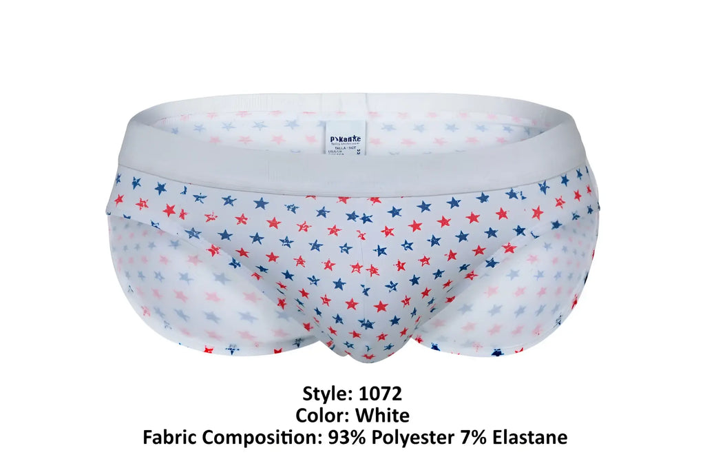 White briefs pikante PIK 1072 blaze briefs feature a playful red blue and light gray star pattern on white fabric