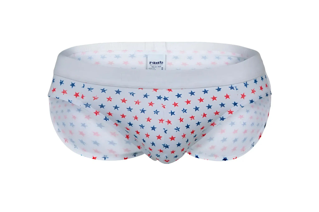 White briefs pikante pik 1072 blaze briefs featuring red blue and light pink star pattern on sheer fabric