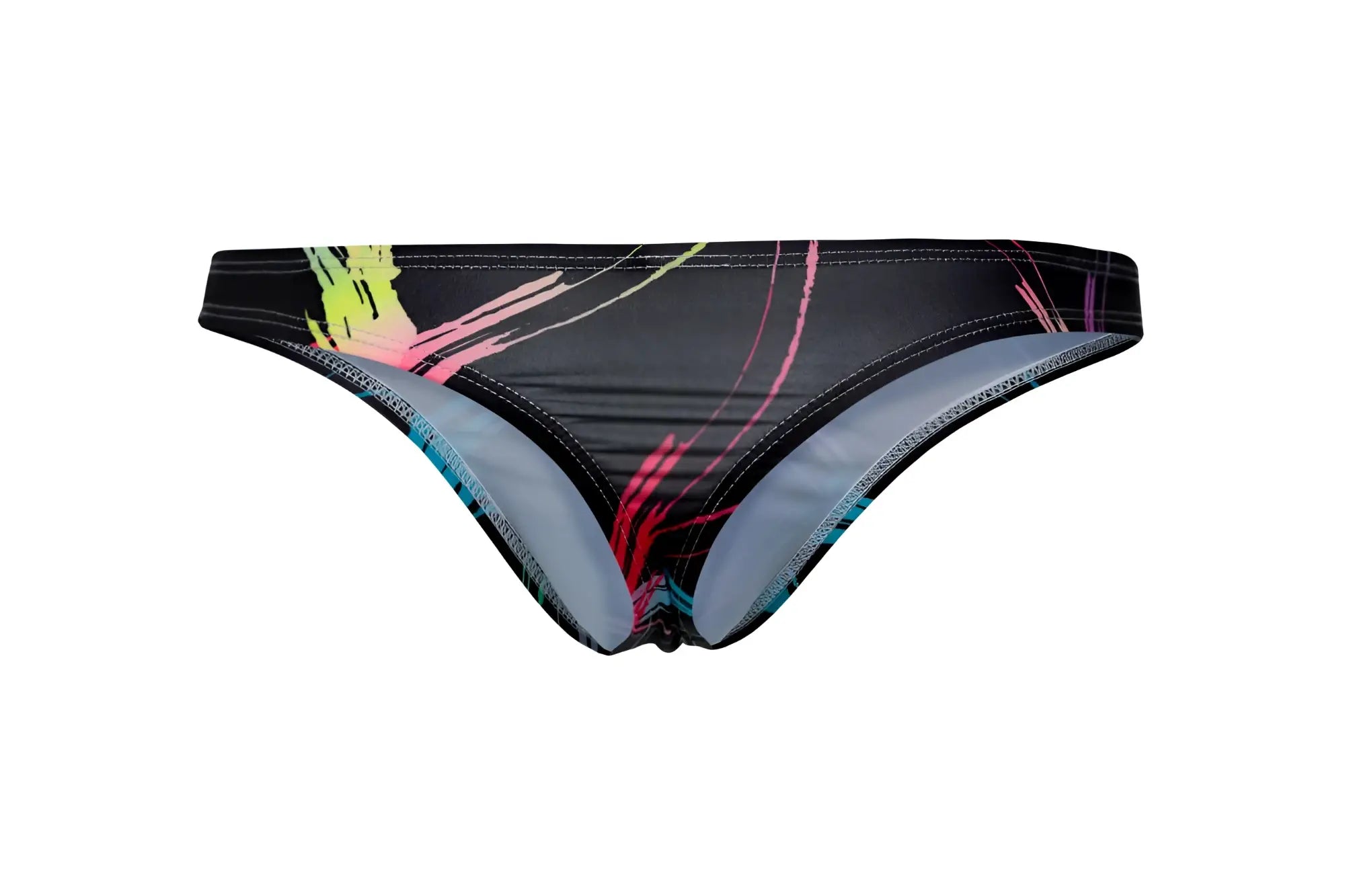 Black bikini bottom with vibrant neon pink yellow and blue abstract brushstroke patterns on stretchy fabric