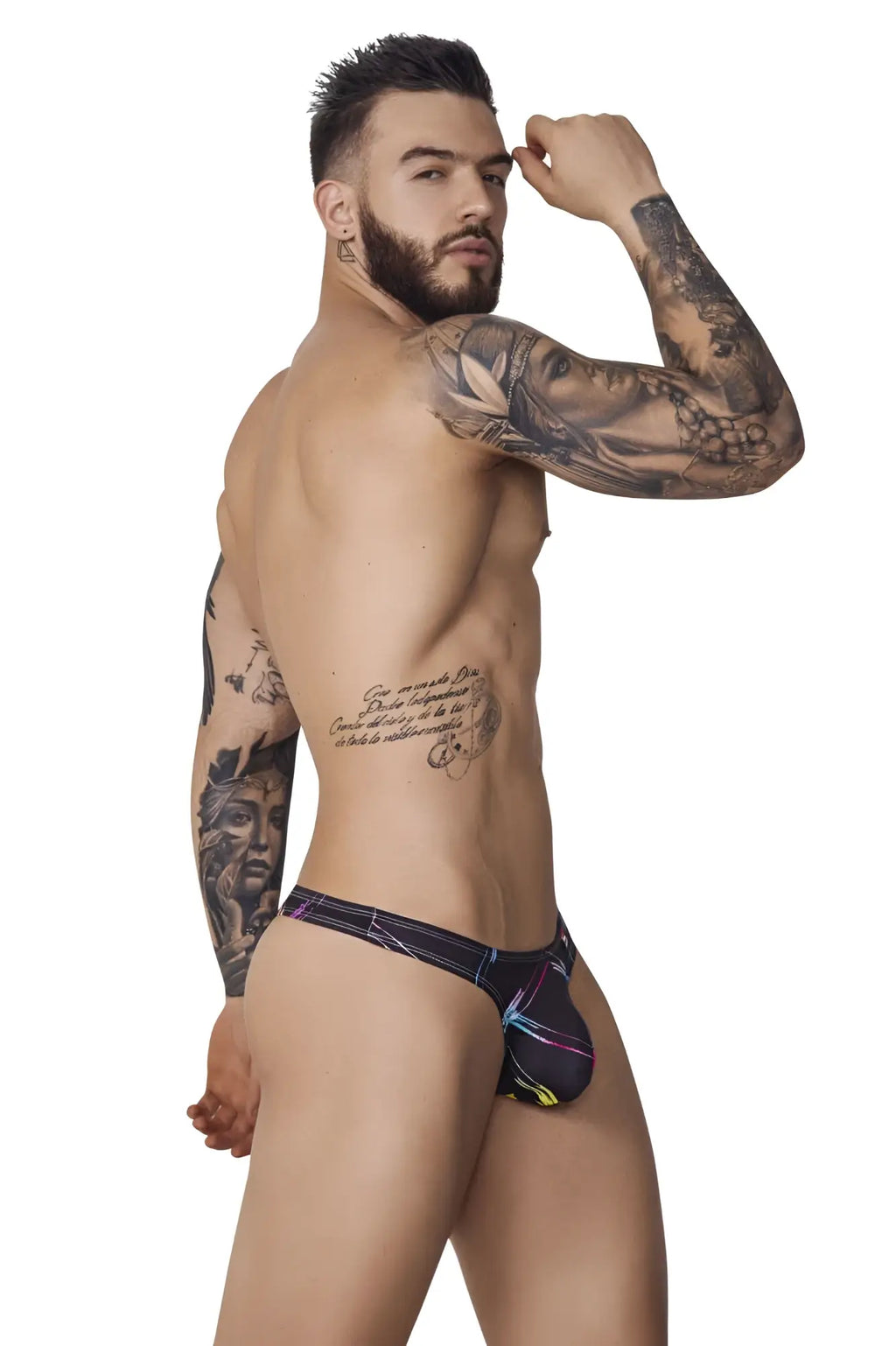Pikante pik 1077 nucleus thongs black patterned men’s briefs with purple and neon accent lines, front view