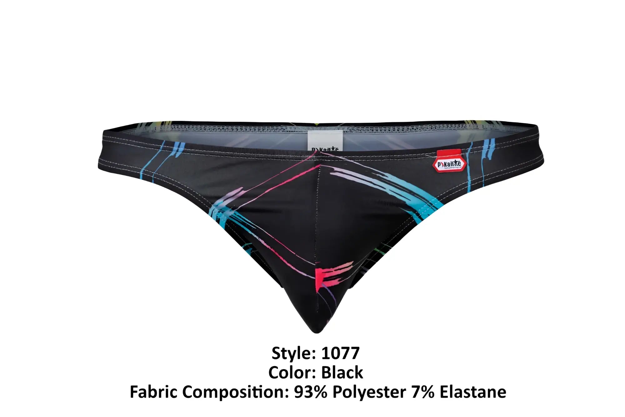 Black swim trunks with bold abstract blue pink and white lines from pikante pik 1077 nucleus thongs collection