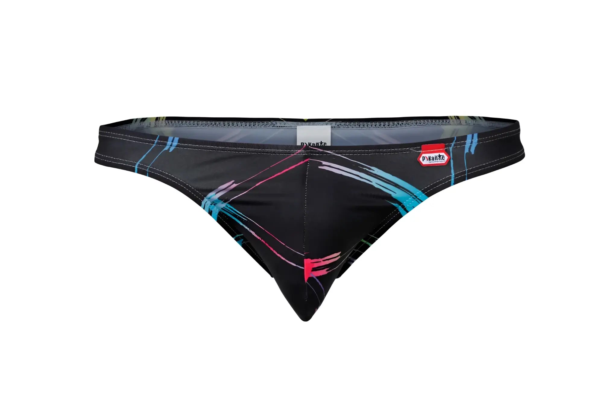 Black Pikante PIK 1077 Nucleus swim trunks with bold blue and pink abstract brushstroke design for stylish beachwear