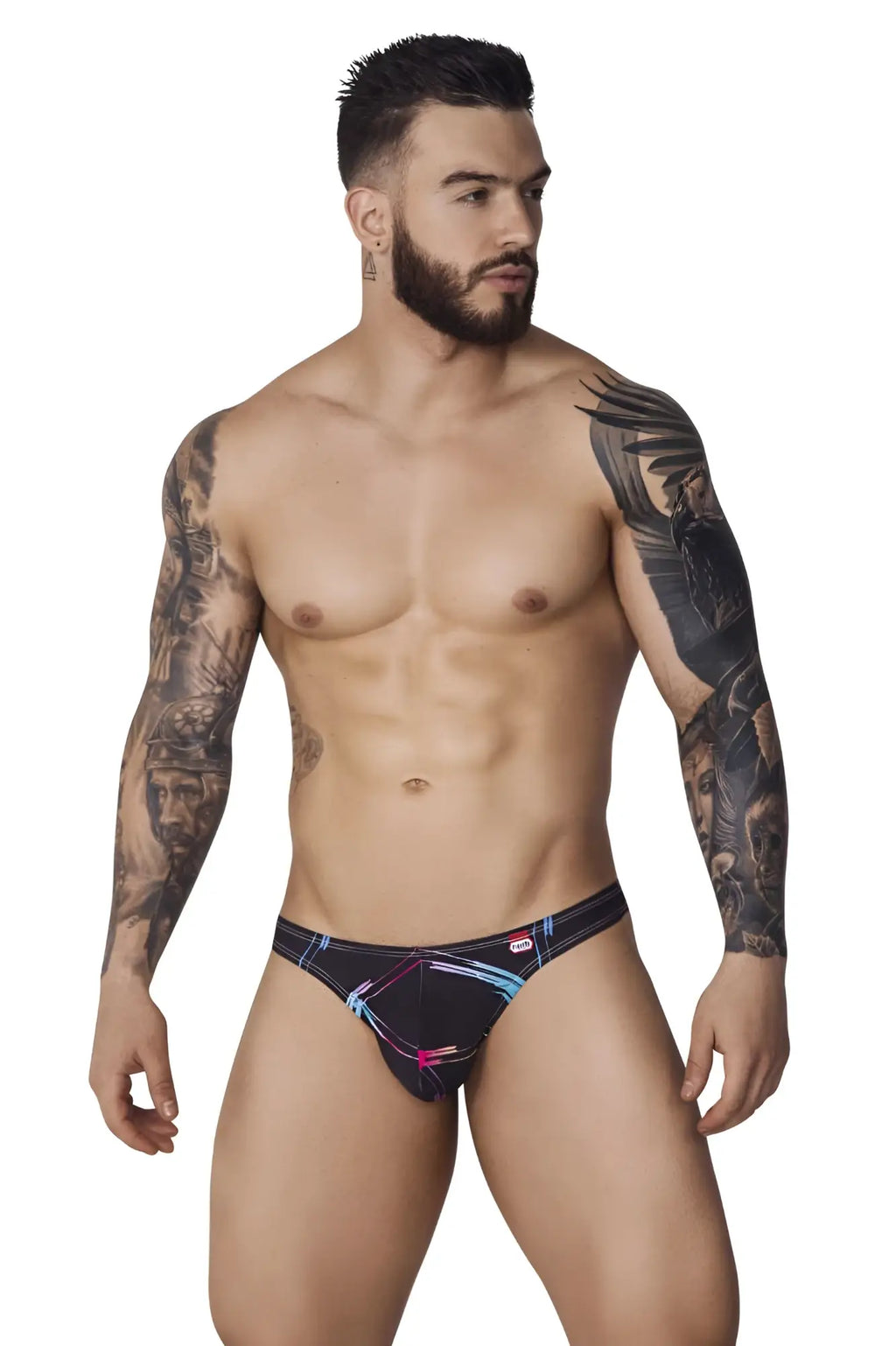 Pikante pik 1077 nucleus black briefs with vibrant neon blue and pink abstract geometric pattern