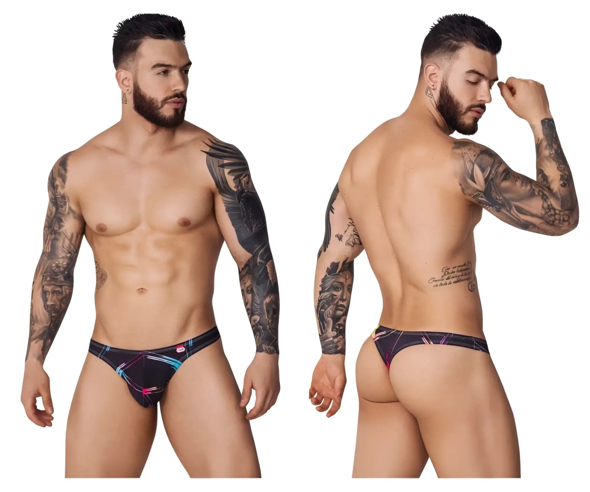 Pikante PIK 1077 Nucleus black thongs, front and back studio views on a model.
