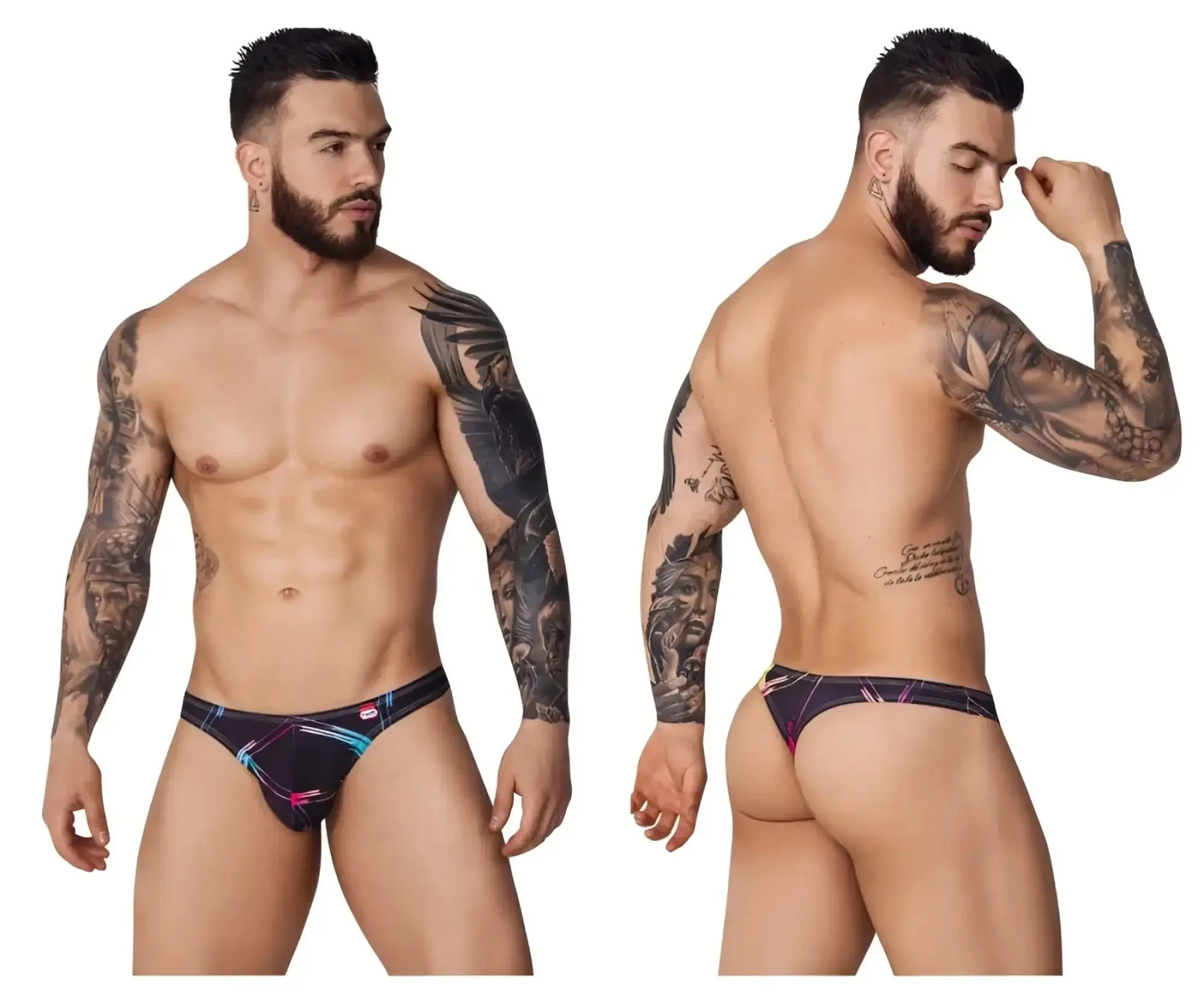 Pikante PIK 1077 Nucleus black thongs, front and back studio views on a model.
