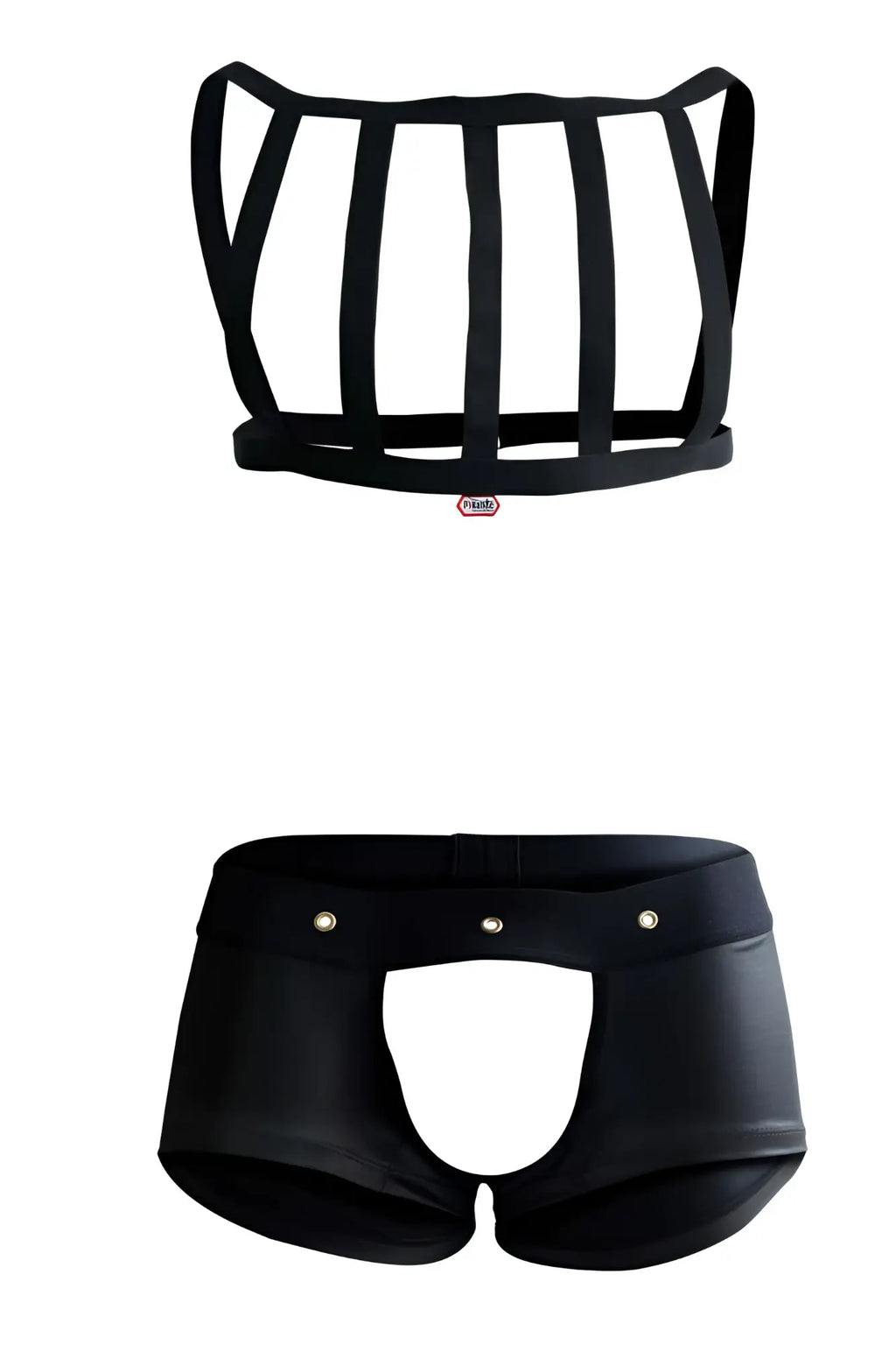 Pikante PIK 1086 hard harness jockstrap in black leather-like material with vertical straps and studded briefs waistband