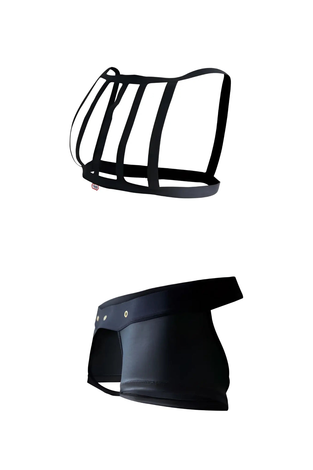Black leather harness and briefs set featuring Pikante PIK 1086 hard harness jockstrap in black shown from the back