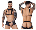 Black strappy men’s lingerie set with front harness design and back-fastening straps pikante pik 1086 jockstrap