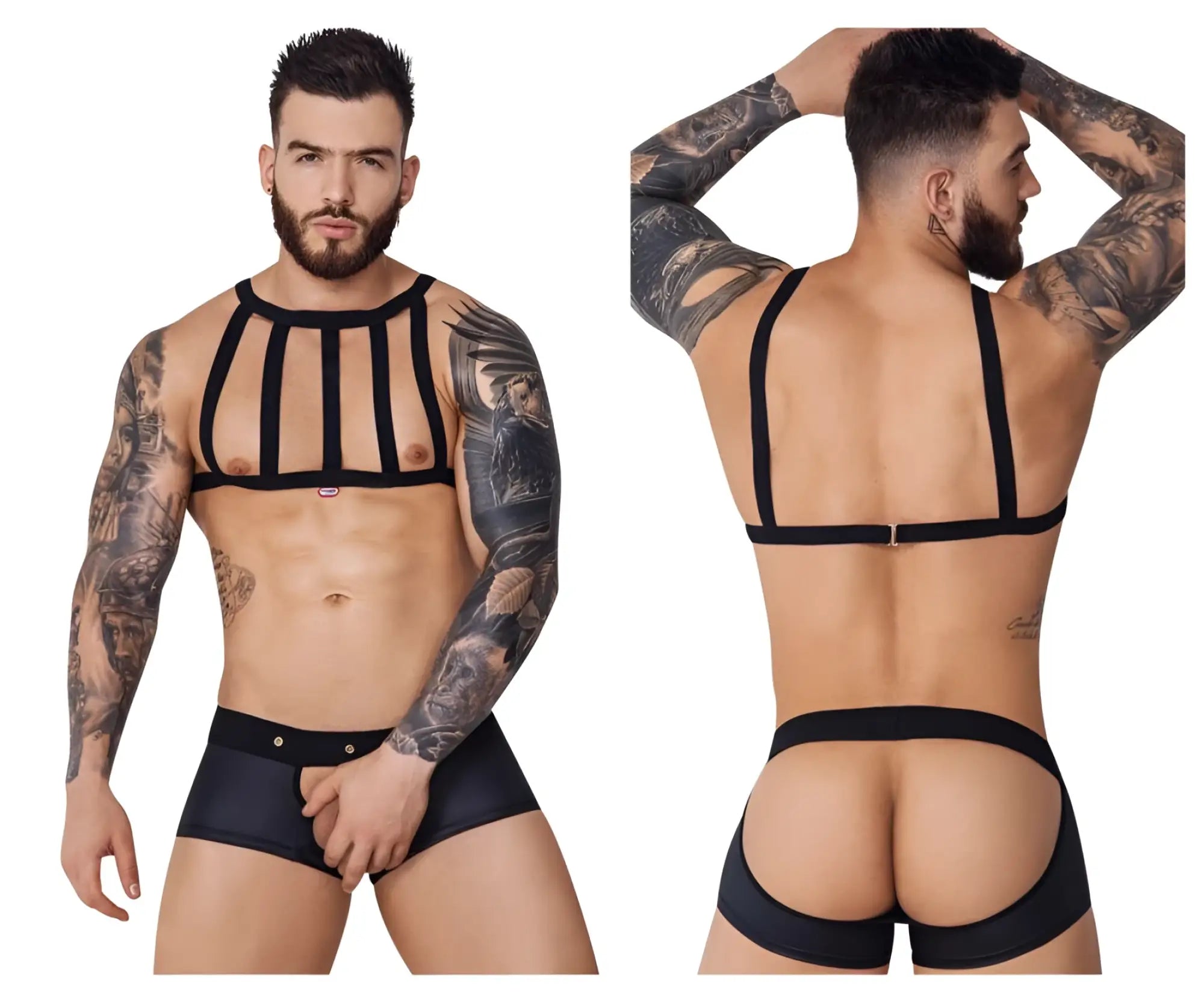 Black strappy men’s lingerie set with front harness design and back-fastening straps pikante pik 1086 jockstrap