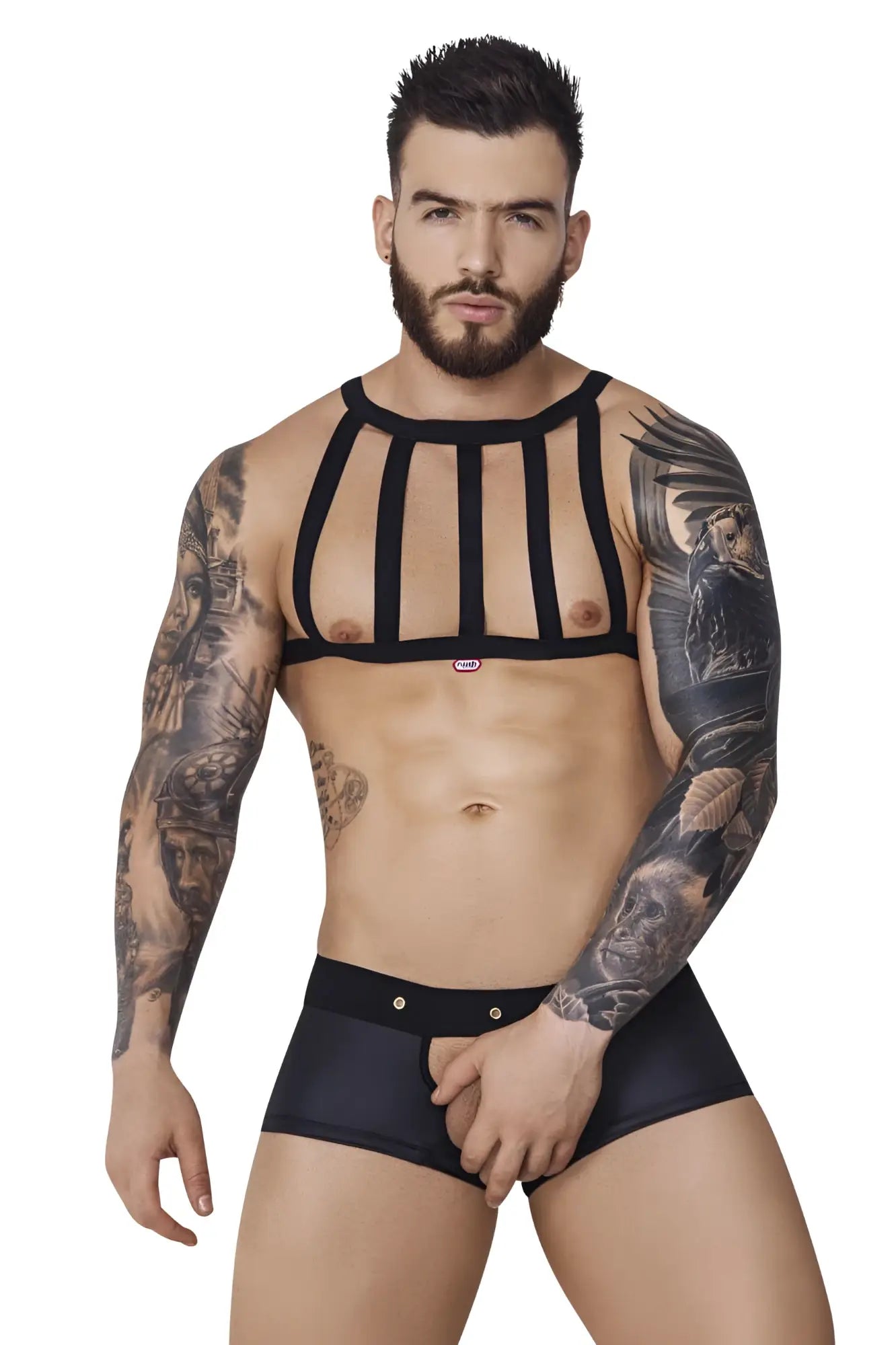 Black pikante pik 1086 hard harness jockstrap featuring a sleek, form-fitting strappy harness top design