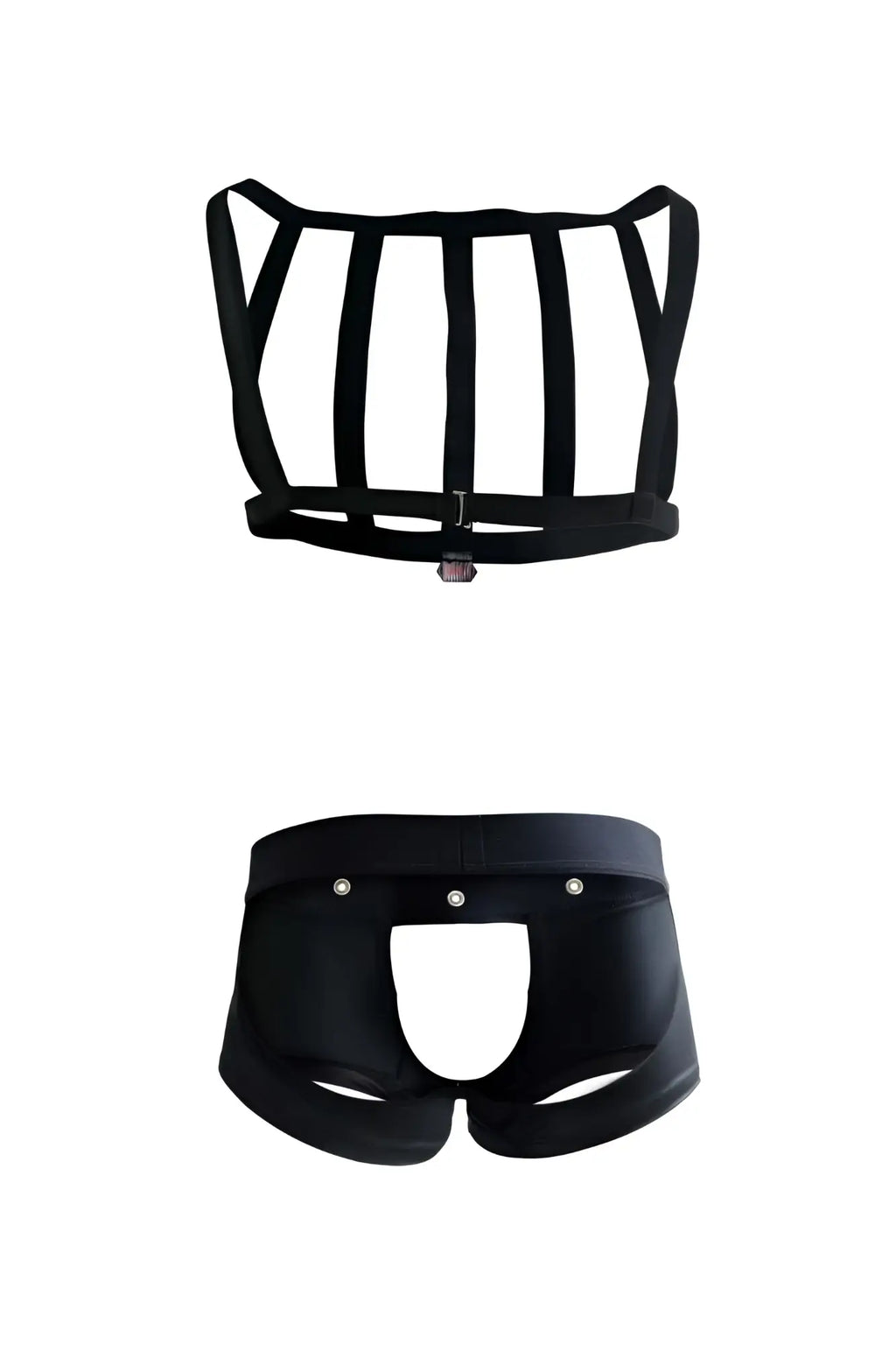 Black Pikante PIK 1086 hard harness jockstrap with structured top and metallic button accents briefs