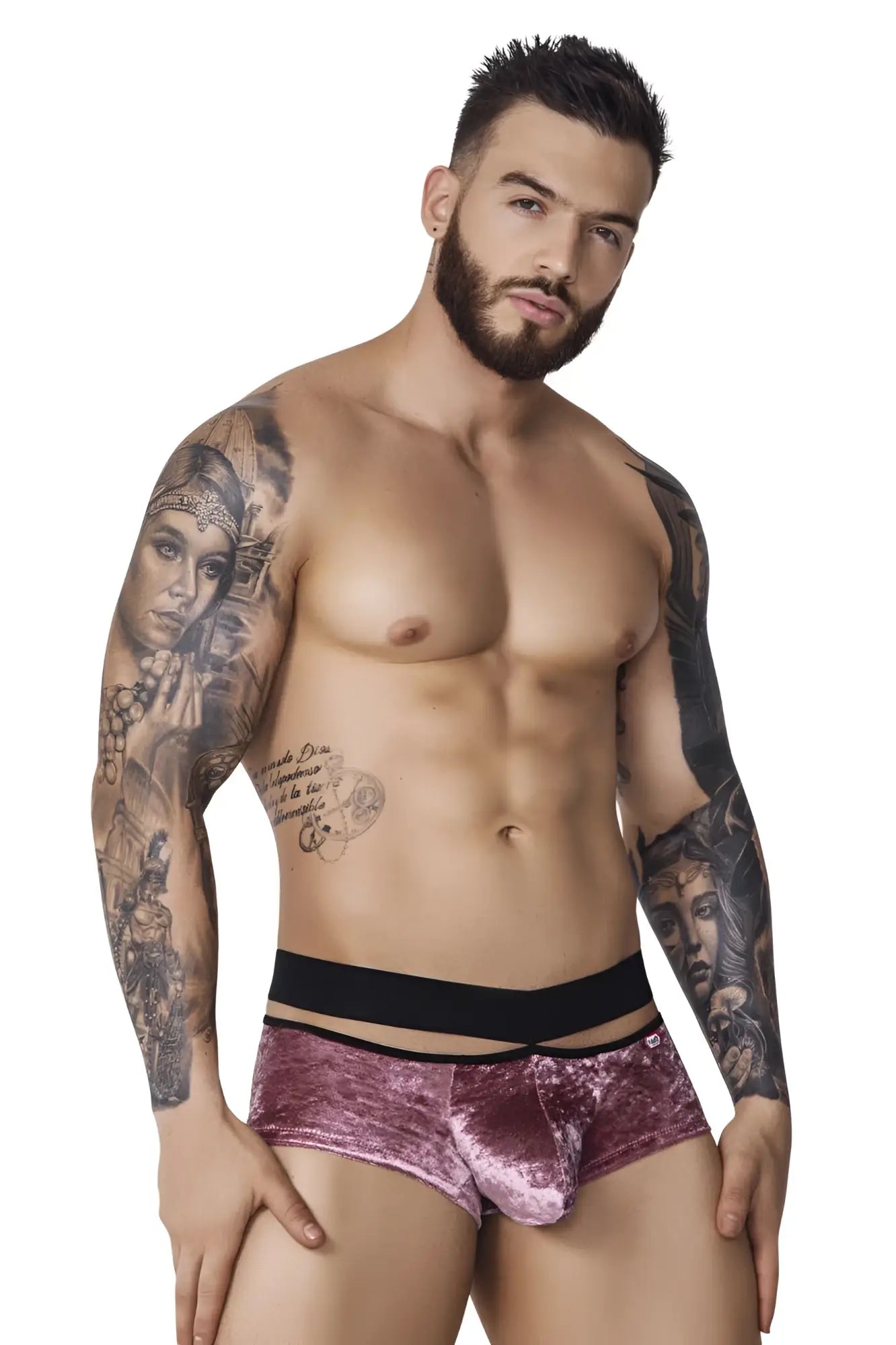 Front view of a model wearing Pikante PIK 1096 Clandestine pink velvet trunks.