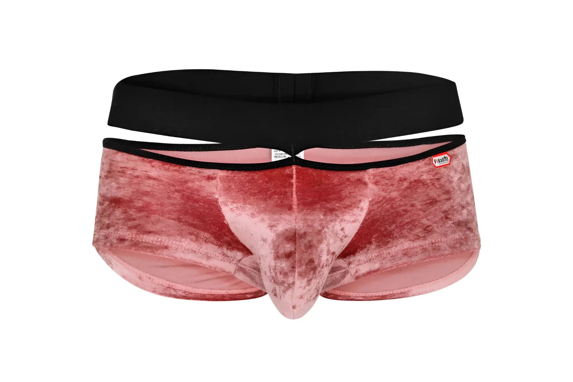 Pink velvet men brief trunks with black elastic waistband and red pikante brand tag for comfortable wear