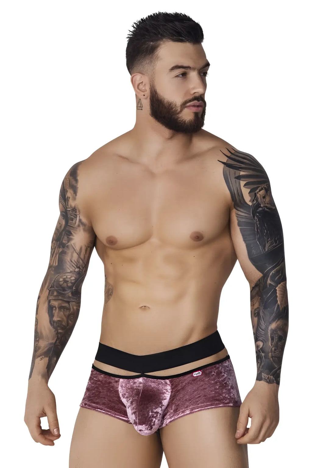 Purple velvet briefs with black elastic waistband and central cutout from pikante pik 1096 clandestine velvet trunks in pink