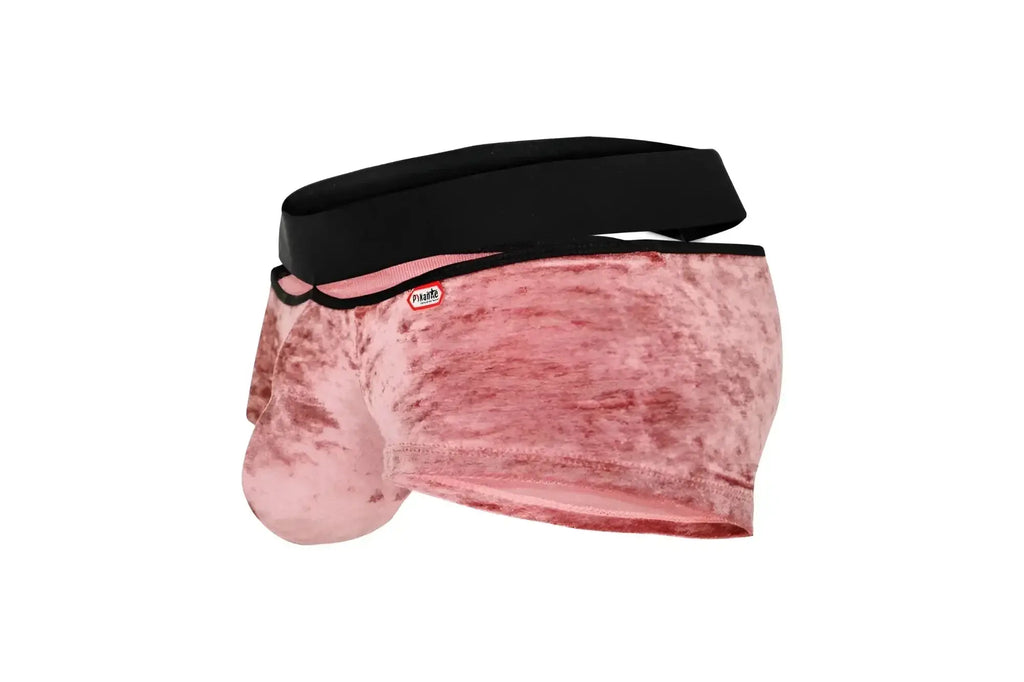 Side view of pink Pikante PIK 1096 Clandestine velvet trunks with black waistband.