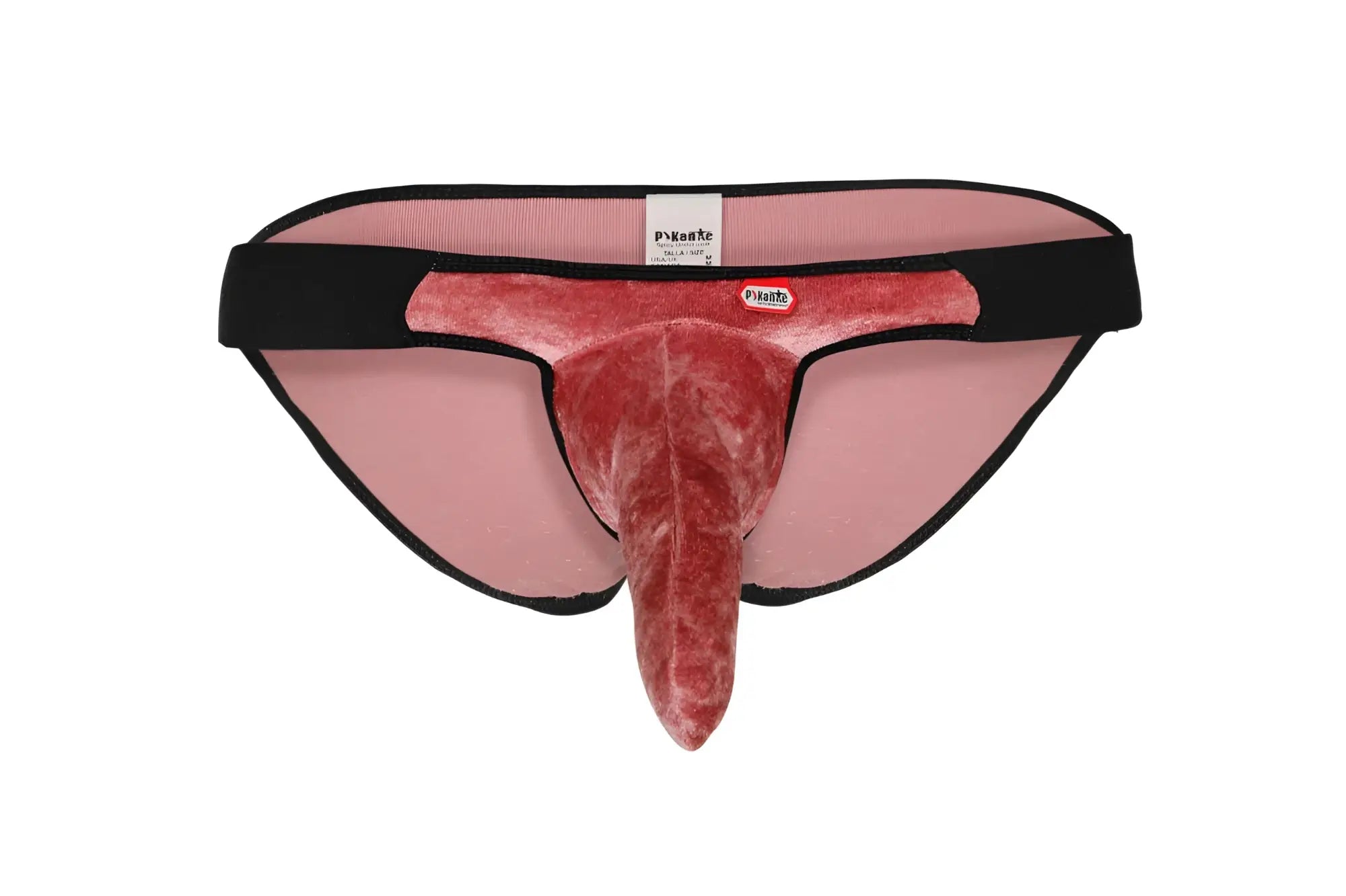 Pink velvet jockstrap with black elastic waistband and trim featuring Pikante branded label in velvet bikini style