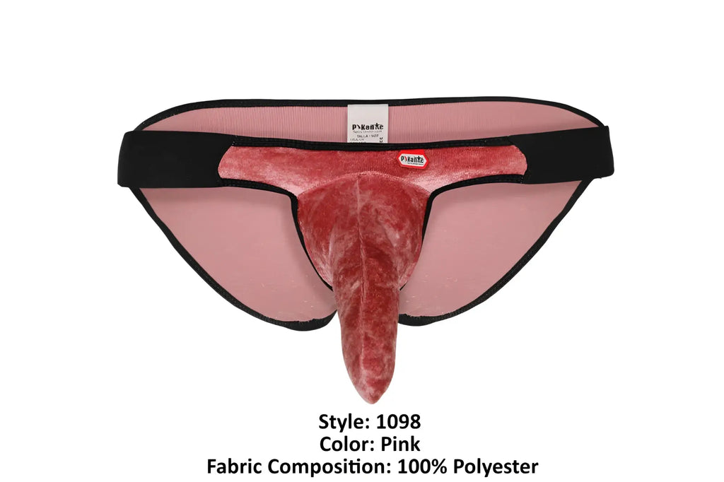 Pink velvet men’s underwear with black trim and central protrusion made of 100 percent polyester from pikante