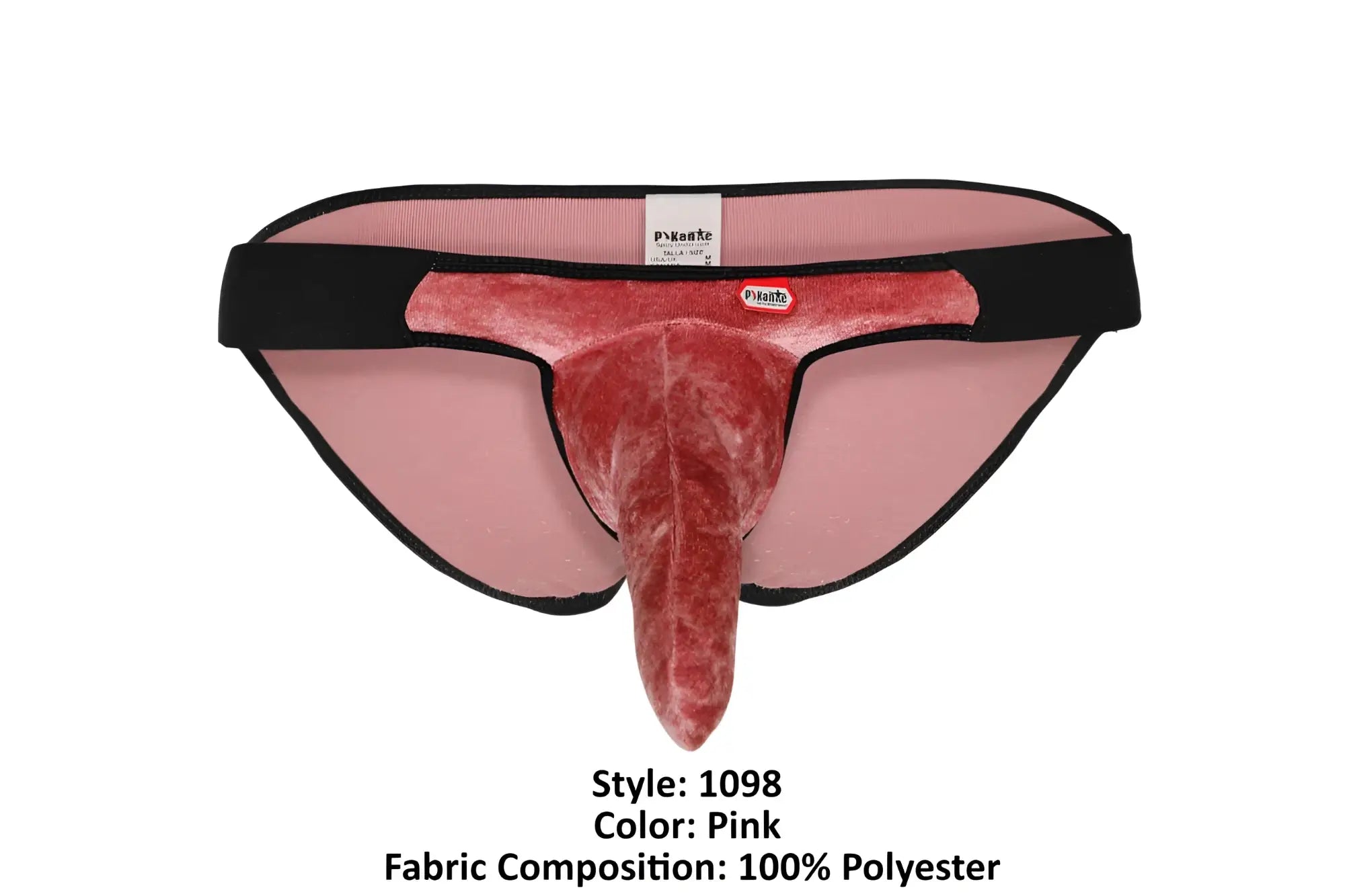 Pink velvet men’s underwear with black trim and central protrusion made of 100 percent polyester from pikante