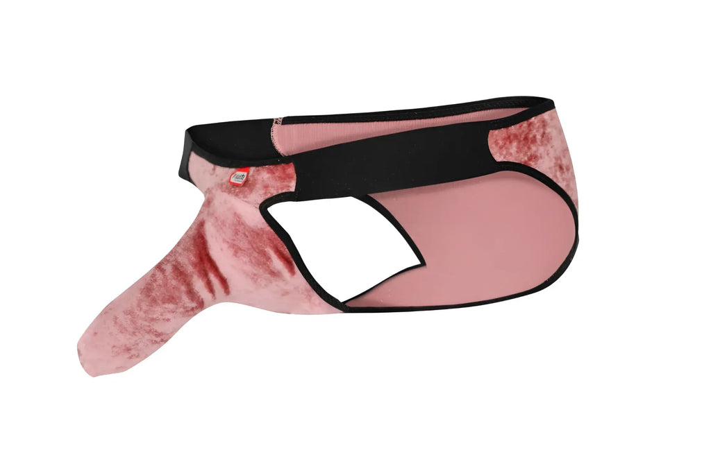 Pink velvet men’s bikini underwear with black trim and cutout design by pikante pik 1098 clandestine velvet bikini