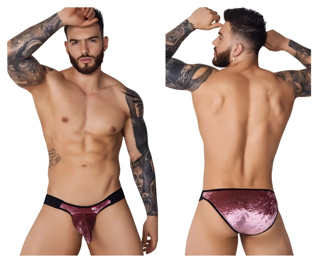 Pikante PIK 1098 Clandestine velvet bikini in pink: front and back views on a model.