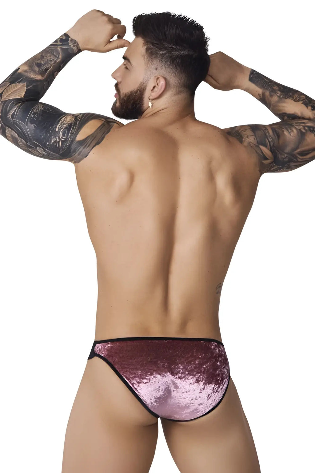 Back view of a man wearing the pink Pikante PIK 1098 Clandestine Velvet Bikini.