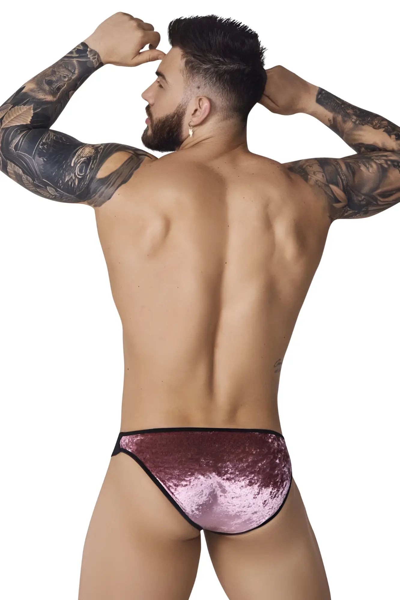 Back view of a man wearing the pink Pikante PIK 1098 Clandestine Velvet Bikini.
