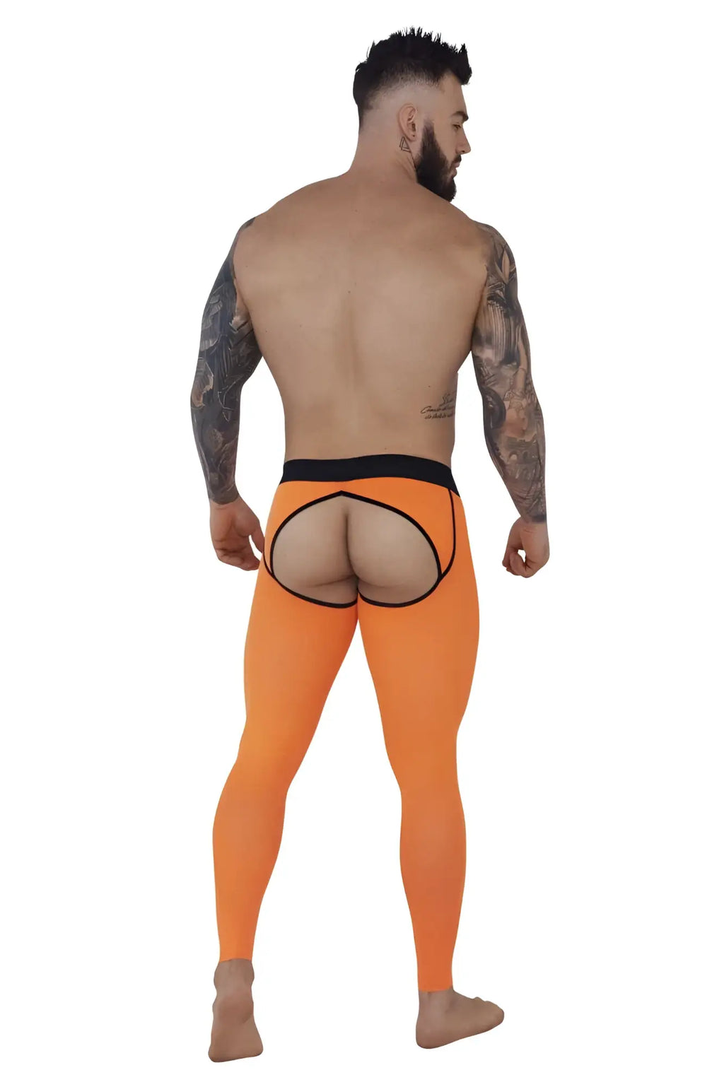 Bright orange form-fitting athletic leggings with a black waistband and open-back cutout design showing the back side