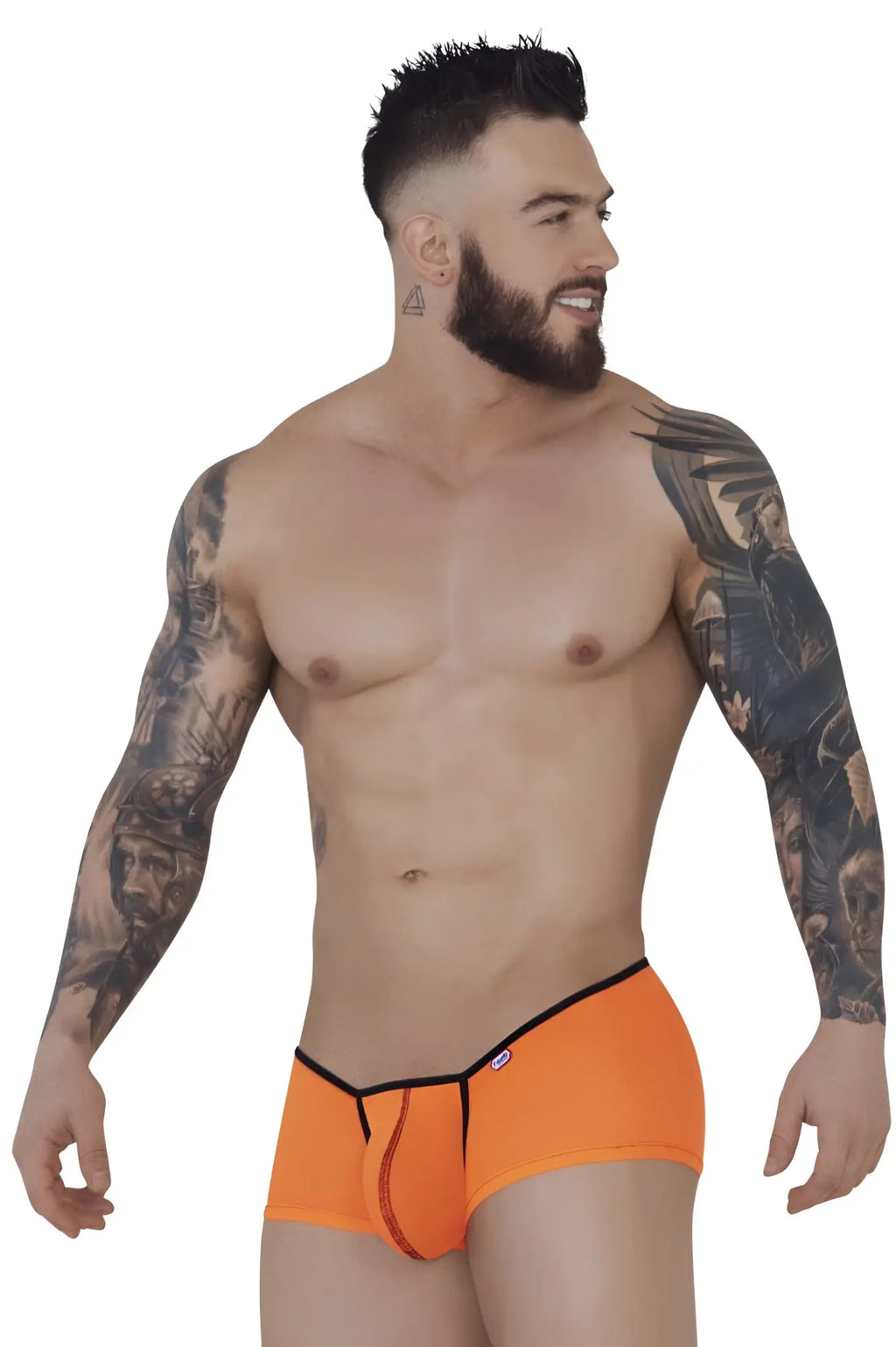 Bright orange pikante pik 1273 sonar trunks with black trim and a central zipper detail on briefs