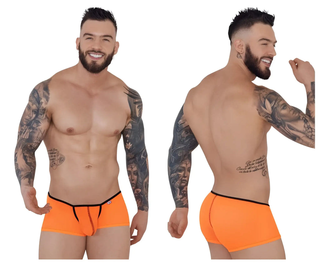Bright orange pikante pik 1273 sonar trunks briefs with black trim and front zipper detail for men