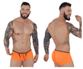 Bright orange pikante pik 1273 sonar trunks briefs with black trim and front zipper detail for men