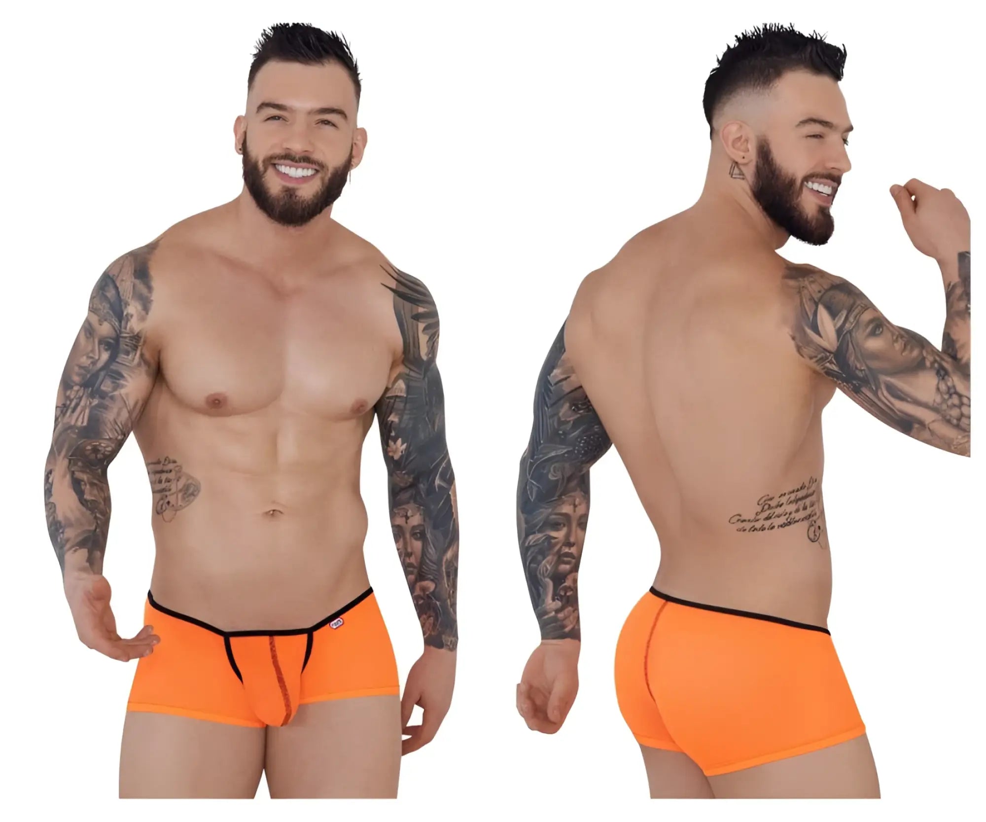 Bright orange pikante pik 1273 sonar trunks briefs with black trim and front zipper detail for men