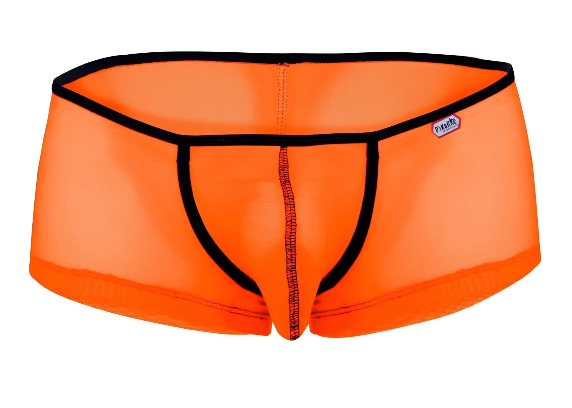 Bright orange pikante PIK 1273 sonar mesh briefs with black trim and brand tag on the waistband front view