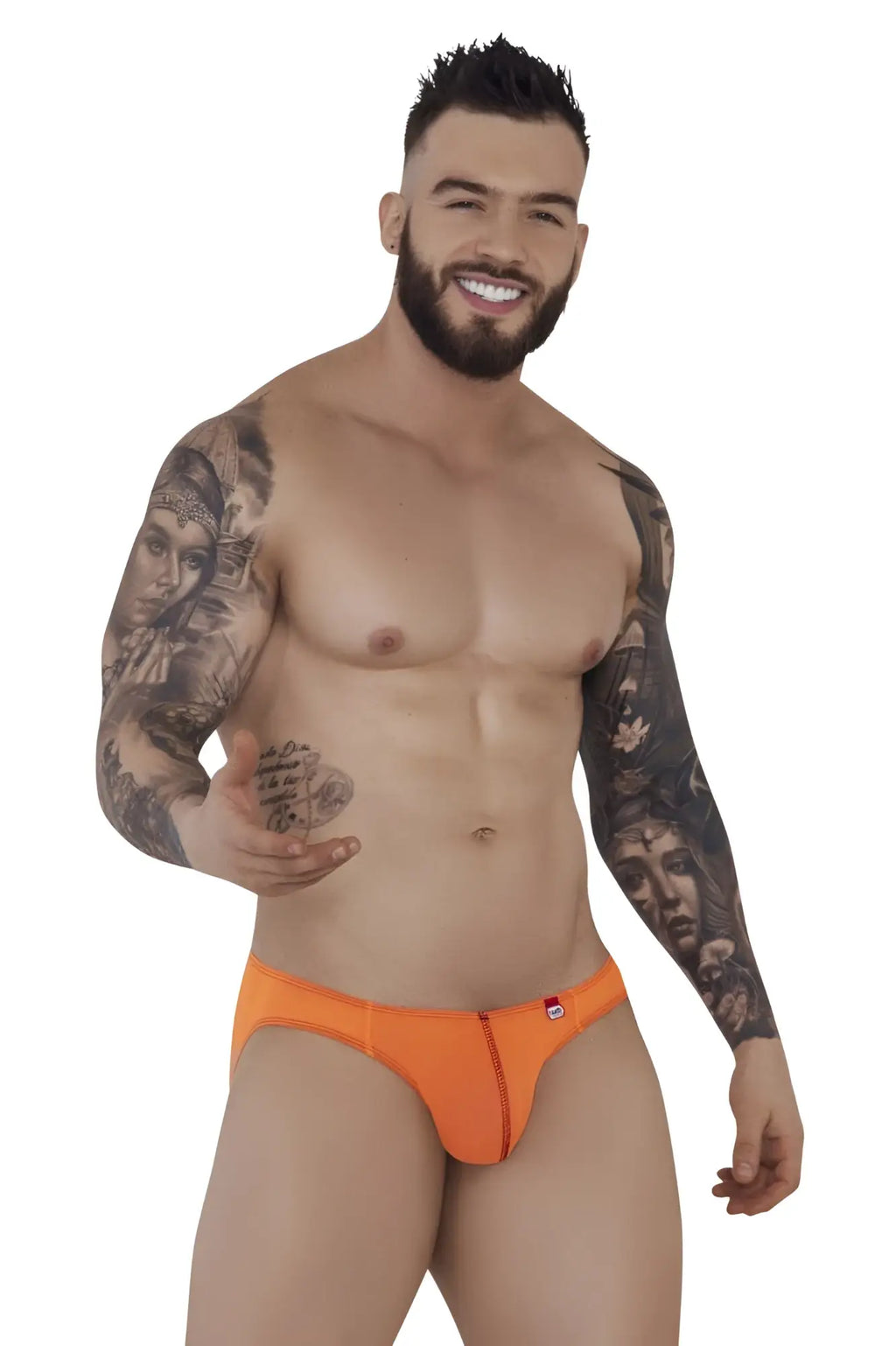 Bright orange Pikante PIK 1277 Sonar briefs with central zipper and small red logo on the left hip