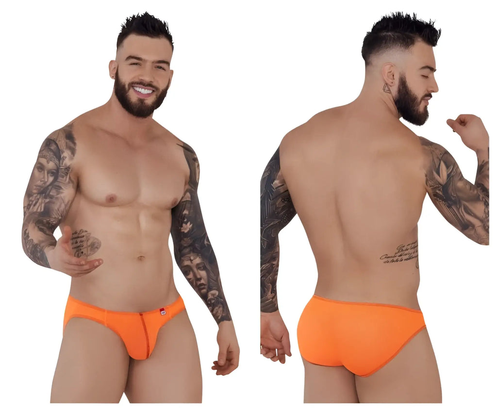 Bright orange pikante pik 1277 sonar briefs for men with front zipper and small red logo on left hip