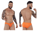 Bright orange pikante pik 1277 sonar briefs for men with front zipper and small red logo on left hip