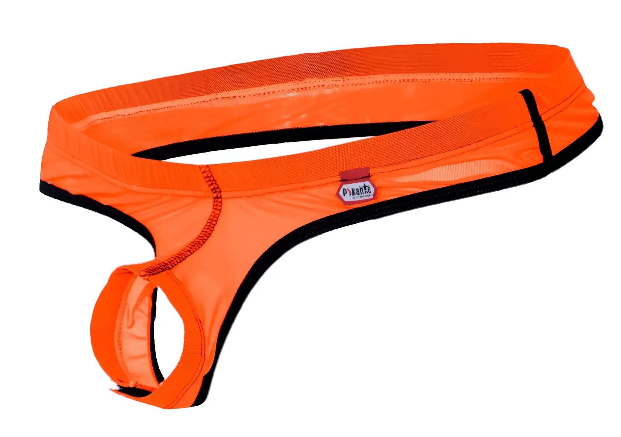 Bright orange pikante pik 1278 sonar ball lifter thong with black trim and mesh panel front view