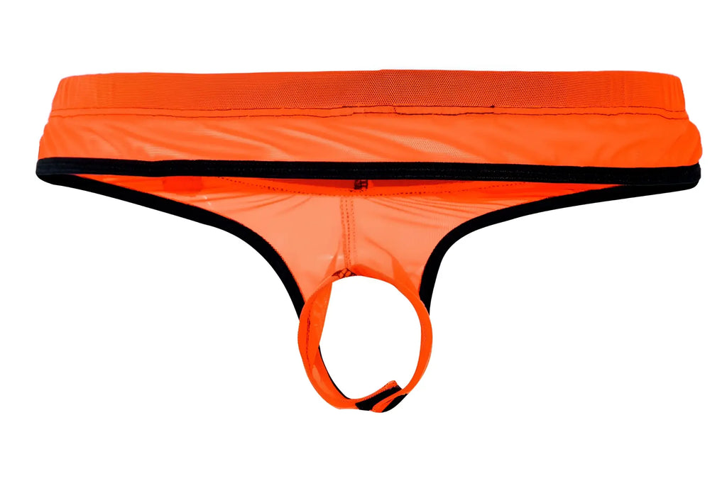 Bright orange pikante pik 1278 sonar ball lifter men’s thong with black trim and front circular ring for high visibility