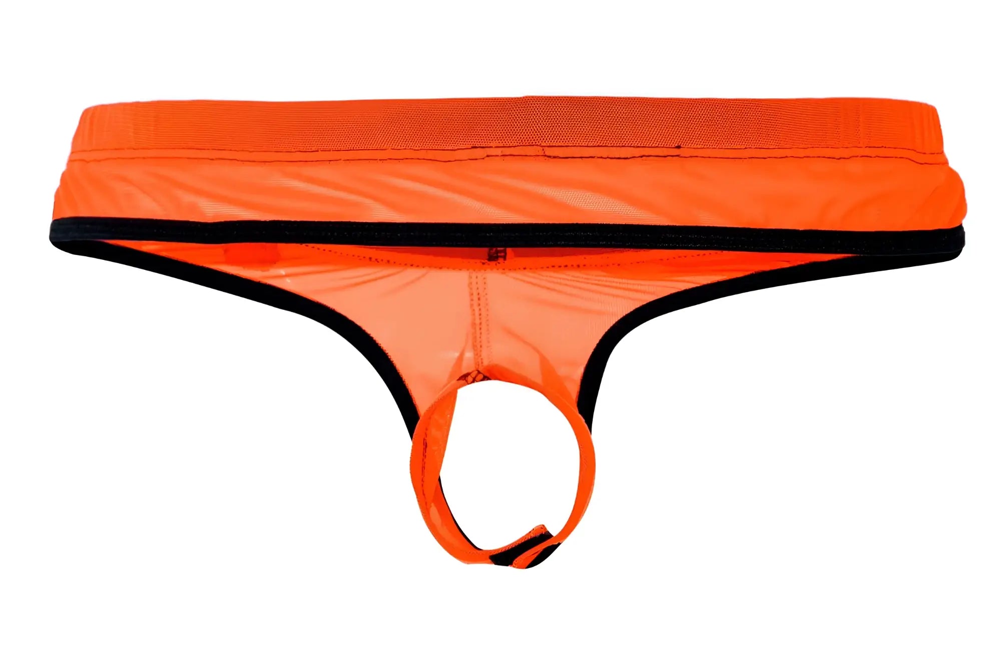 Bright orange pikante pik 1278 sonar ball lifter men’s thong with black trim and front circular ring for high visibility