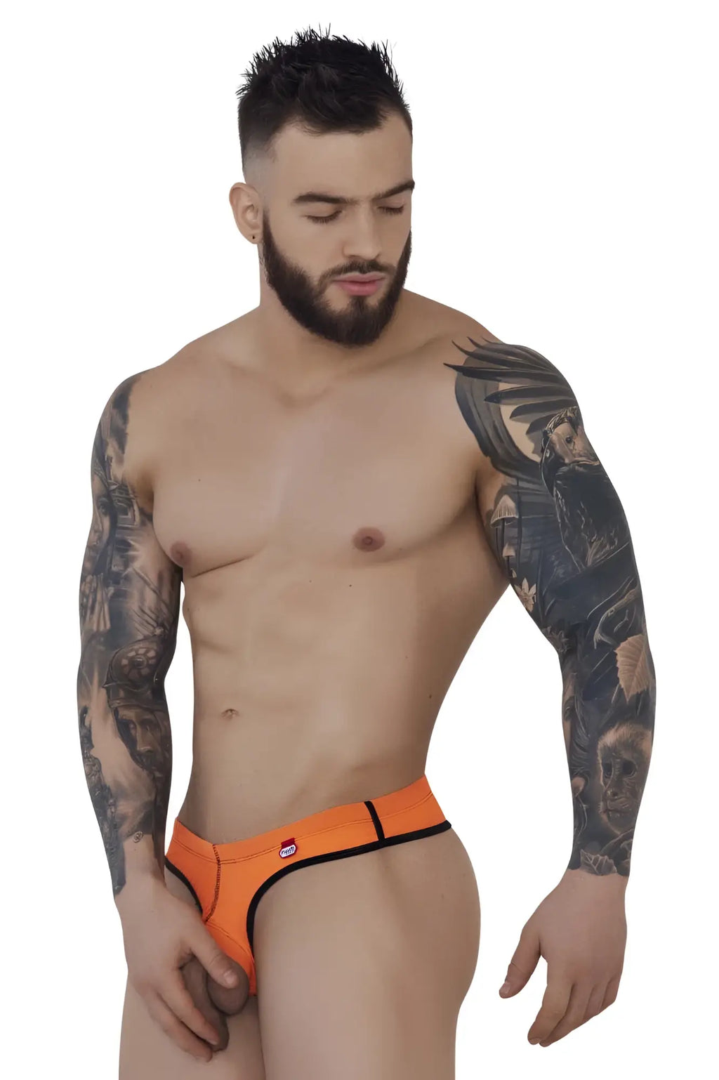 Bright orange pikante pik 1278 sonar ball lifter men’s briefs with black trim and a small red waistband logo