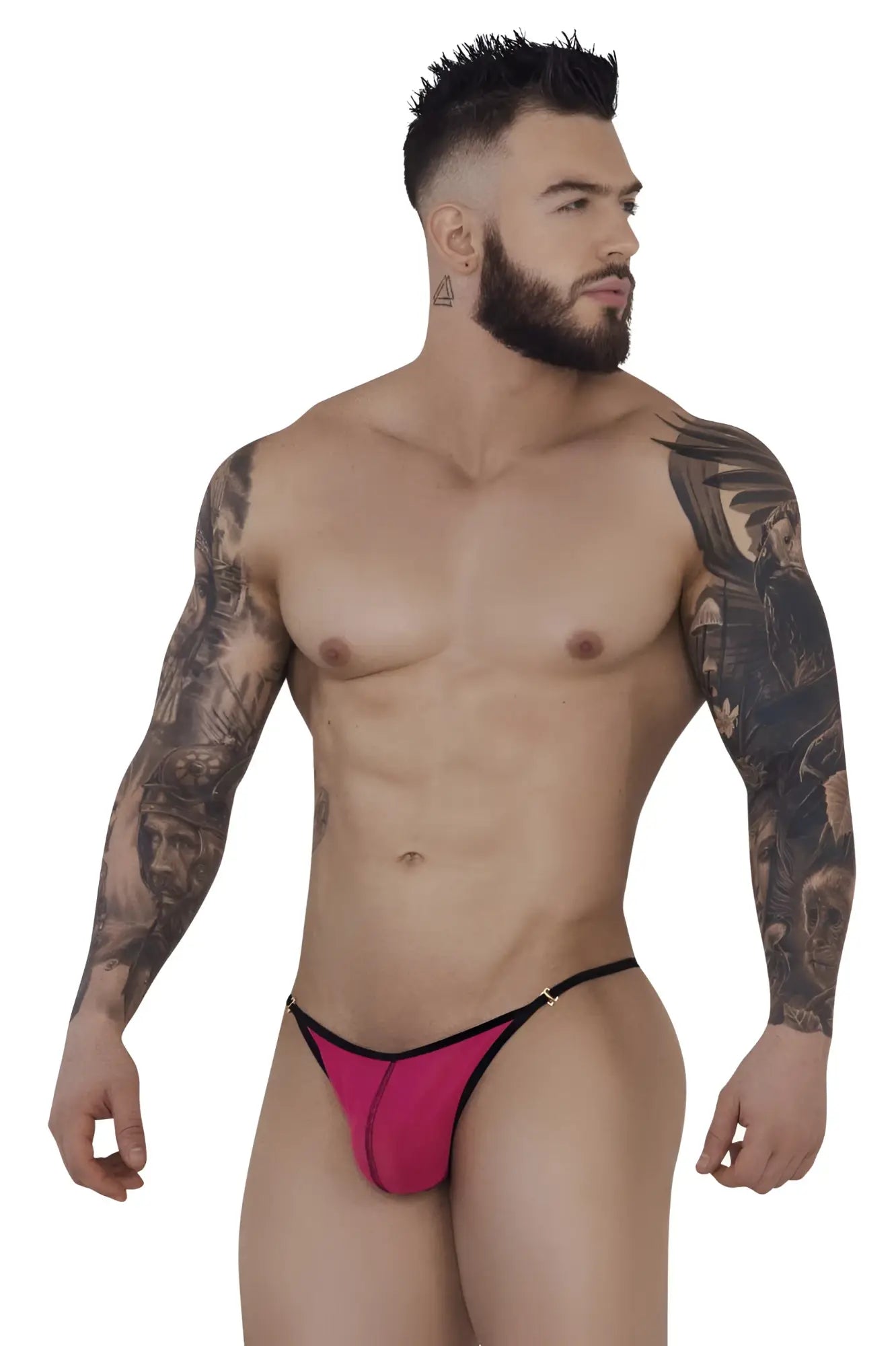 Bright pink Pikante PIK 1279 Sonar thong with black trim and gold tone clasp showing front side details
